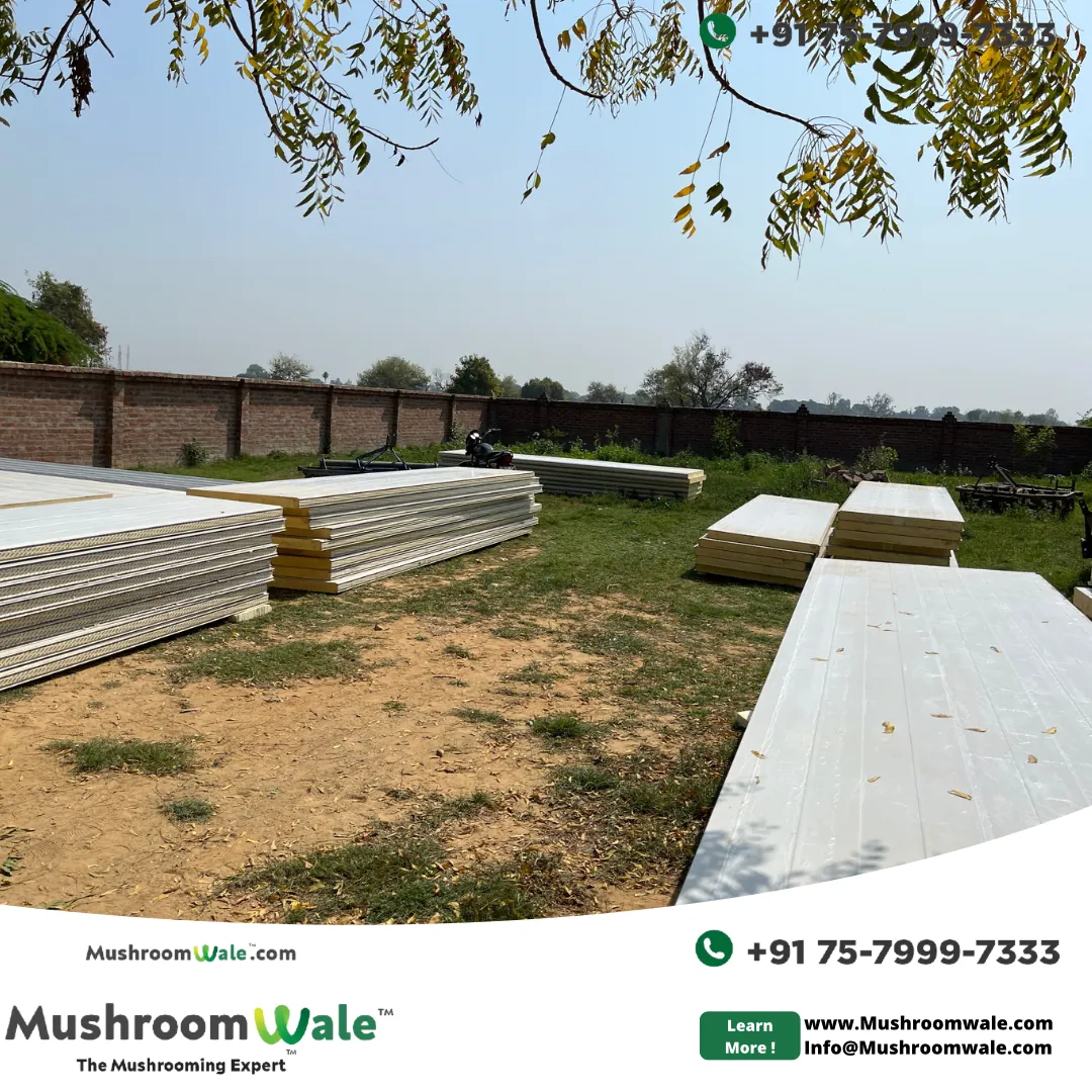PUF panels stacked on site before grow room erection