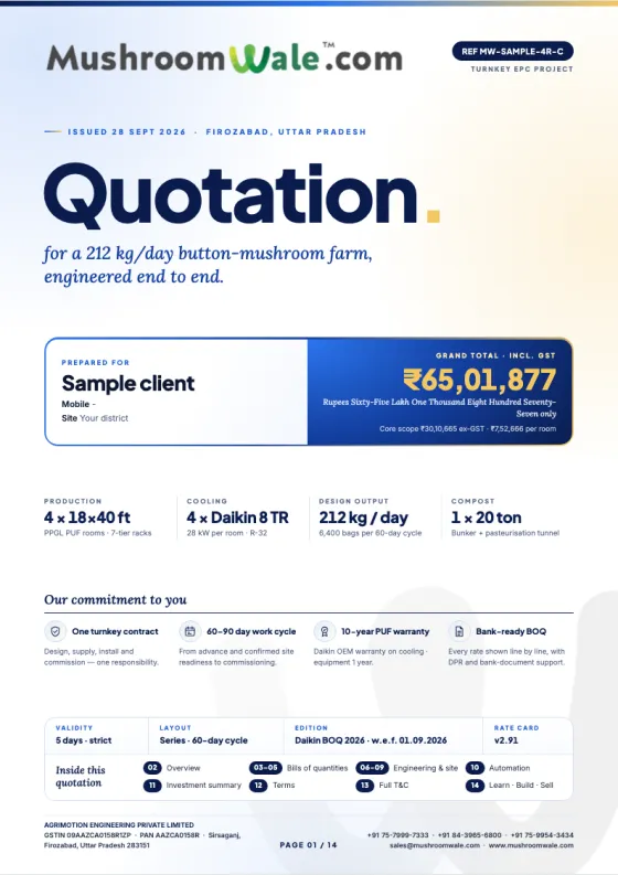 Cover page of a MushroomWale sample quotation